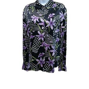 ST. JOHN Black & Purple Floral Silk Shirt Size 8 Long Sleeve Vintage Old Money